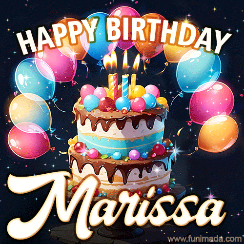 Hand-drawn happy birthday cake adorned with an arch of colorful balloons - name GIF for Marissa