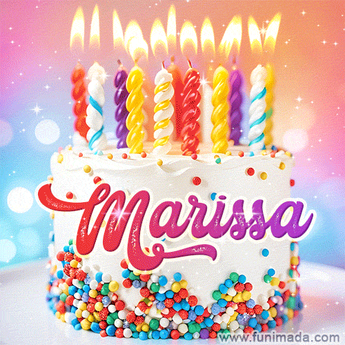 Personalized for Marissa elegant birthday cake adorned with rainbow sprinkles, colorful candles and glitter