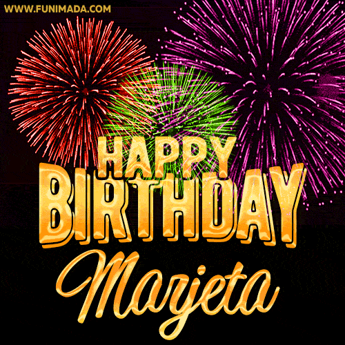 Wishing You A Happy Birthday, Marjeta! Best fireworks GIF animated greeting card.