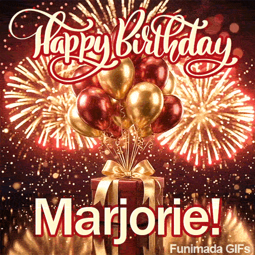 Bold red and white lettering spelling Marjorie under a luxury red present decorated with shiny balloons.
