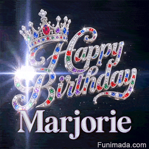A brilliant white lens flare bursting from a diamond-encrusted Happy Birthday message with Marjorie's name at the bottom.