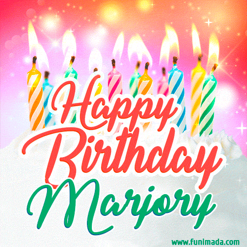 Happy Birthday GIF for Marjory with Birthday Cake and Lit Candles