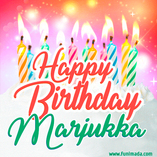 Happy Birthday GIF for Marjukka with Birthday Cake and Lit Candles