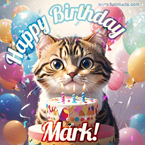 Happy birthday gif for Mark with cat and cake