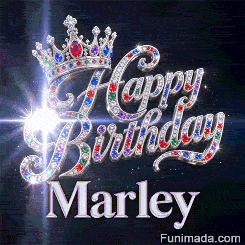 Happy Birthday Marley animated image showcasing a royal silver crown and glittering particle beams on a space backdrop.