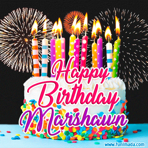 Amazing Animated GIF Image for Marshawn with Birthday Cake and Fireworks