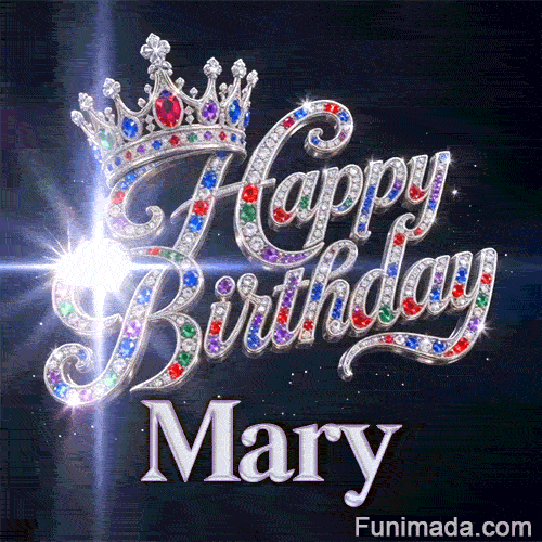 Glittering particles and stellar space light beams around a sparkling queen crown, customized with Mary's name.