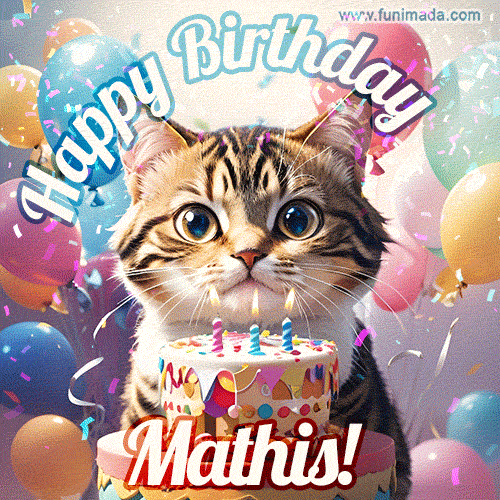 Happy birthday gif for Mathis with cat and cake