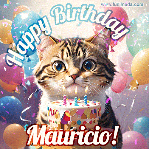 Happy birthday gif for Mauricio with cat and cake
