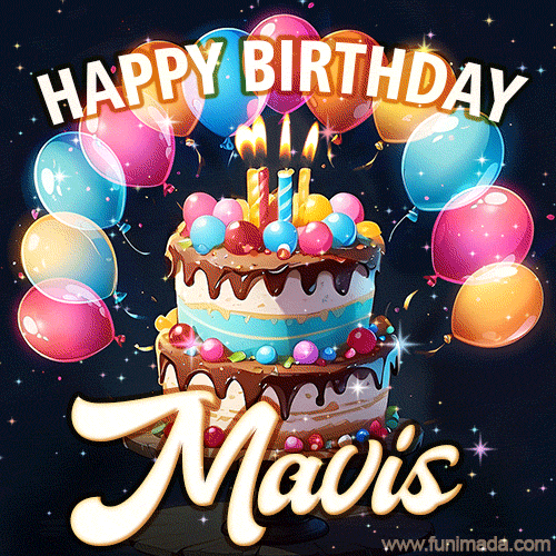 Hand-drawn happy birthday cake adorned with an arch of colorful balloons - name GIF for Mavis