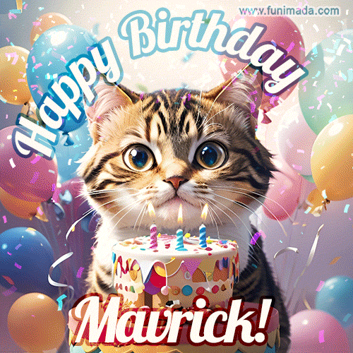 Happy birthday gif for Mavrick with cat and cake
