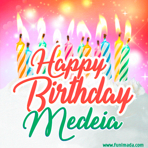 Happy Birthday GIF for Medeia with Birthday Cake and Lit Candles