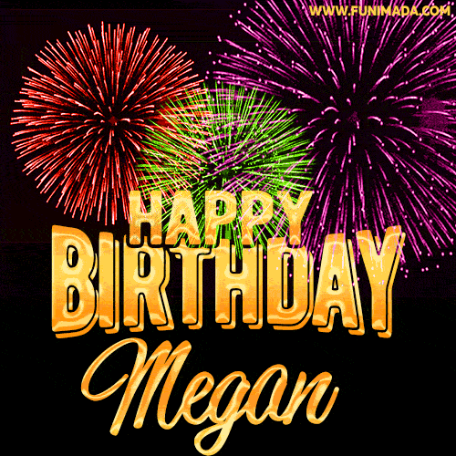 Wishing You A Happy Birthday, Megan! Best fireworks GIF animated greeting card.
