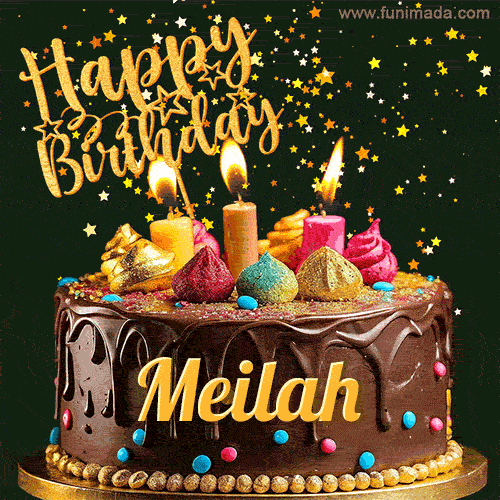A delightful chocolate birthday cake with bright candles and 'Happy Birthday Meilah' written in gold amidst a shower of animated stars.