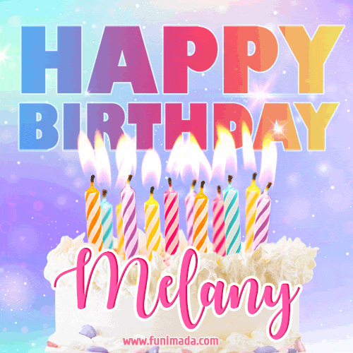 Animated Happy Birthday Cake with Name Melany and Burning Candles
