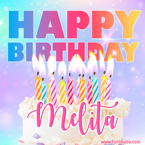 Animated Happy Birthday Cake with Name Melita and Burning Candles