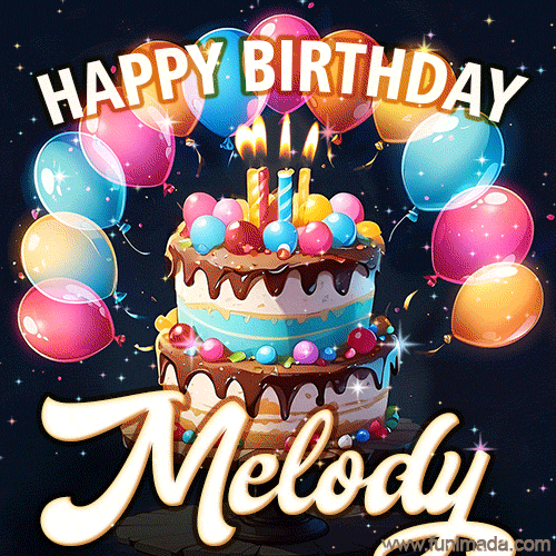 Hand-drawn happy birthday cake adorned with an arch of colorful balloons - name GIF for Melody