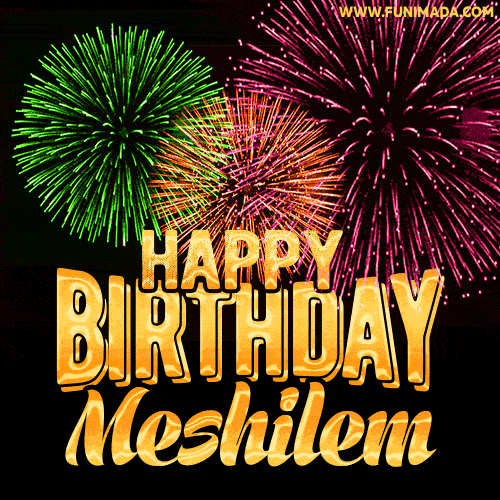 Wishing You A Happy Birthday, Meshilem! Best fireworks GIF animated greeting card.