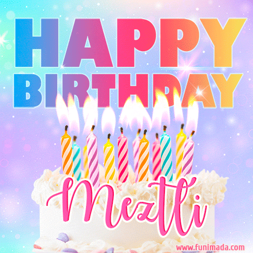 Animated Happy Birthday Cake with Name Meztli and Burning Candles