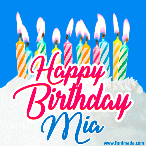 Happy Birthday GIF for Mia with Birthday Cake and Lit Candles