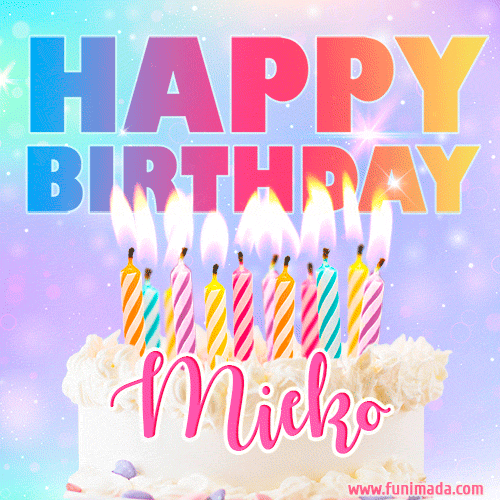 Animated Happy Birthday Cake with Name Mieko and Burning Candles