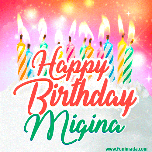 Happy Birthday GIF for Migina with Birthday Cake and Lit Candles