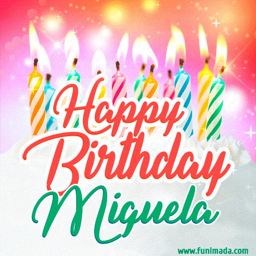 Happy Birthday GIF for Miguela with Birthday Cake and Lit Candles
