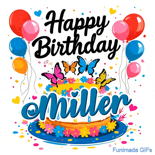 Detailed pink, orange, blue, and yellow butterflies resting on top of a flower-decorated birthday cake for Miller.