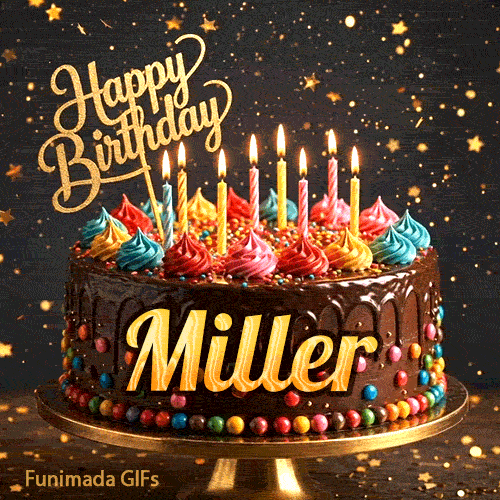 An animated birthday image featuring a rich chocolate cake with colorful cream swirls and the name Miller written on the front.