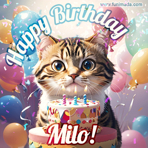 Happy birthday gif for Milo with cat and cake