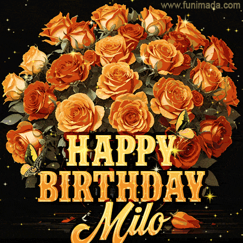 Animated bouquet of orange roses with moving butterfles and golden 'Happy Birthday Milo' text, surrounded by sparkling accents and a dark backdrop for a luxurious feel.