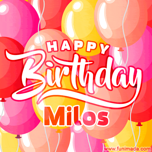 Happy Birthday Milos - Colorful Animated Floating Balloons Birthday Card