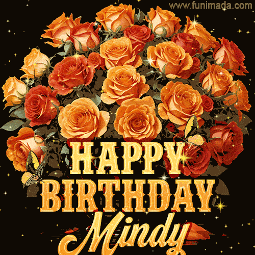 Animated bouquet of orange roses with moving butterfles and golden 'Happy Birthday Mindy' text, surrounded by sparkling accents and a dark backdrop for a luxurious feel.