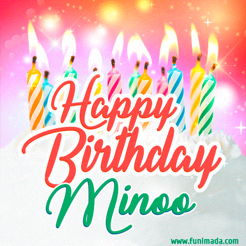 Happy Birthday GIF for Minoo with Birthday Cake and Lit Candles