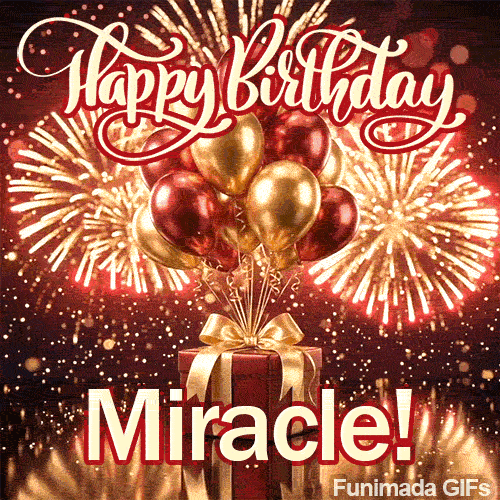 A luxury red present tied with a golden bow and topped with gold and burgundy balloons, personalized with the name Miracle