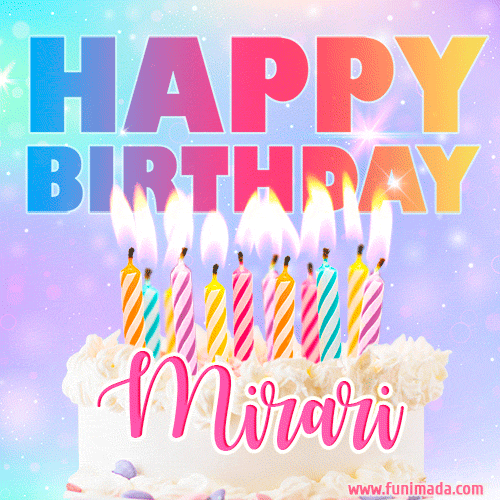 Animated Happy Birthday Cake with Name Mirari and Burning Candles