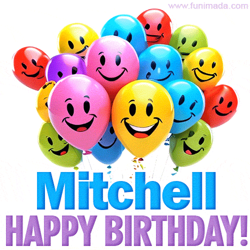 An animated birthday-themed name GIF with colorful smiling balloons and bold 'Mitchell, Happy Birthday!' text for a celebratory touch.