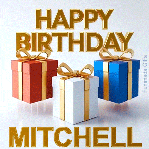 High-quality animated GIF wishing Happy Birthday to Mitchell featuring a trio of elegant gift boxes with golden ribbons moving in a seamless loop