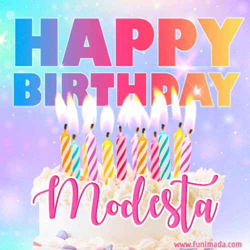 Animated Happy Birthday Cake with Name Modesta and Burning Candles
