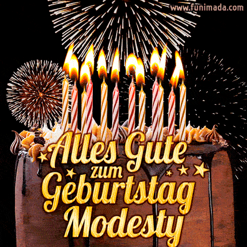 A chocolate birthday cake with glowing candles, the German text 'Alles Gute zum Geburtstag Modesty,' and vibrant fireworks lighting up the background in an animated GIF.