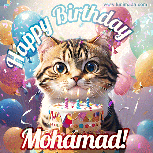 Happy birthday gif for Mohamad with cat and cake
