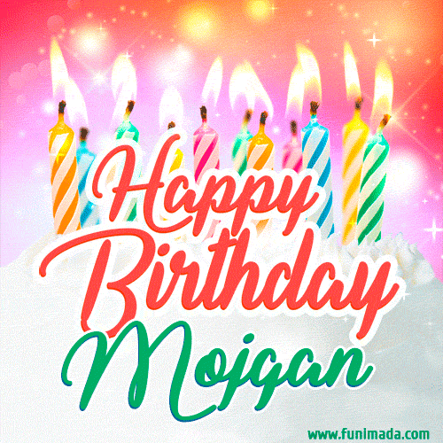 Happy Birthday GIF for Mojgan with Birthday Cake and Lit Candles