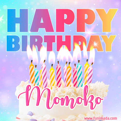 Animated Happy Birthday Cake with Name Momoko and Burning Candles