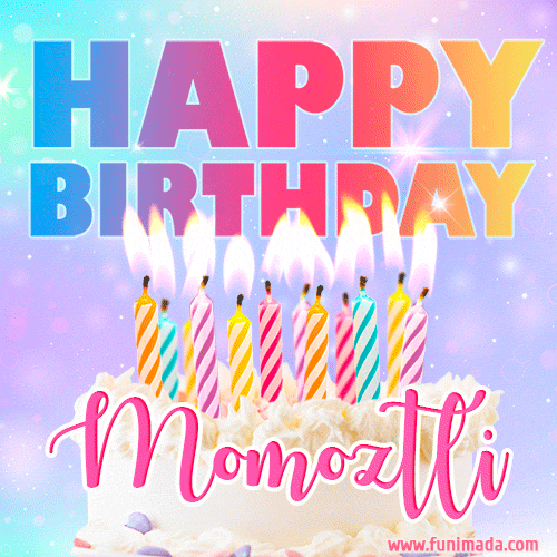 Animated Happy Birthday Cake with Name Momoztli and Burning Candles