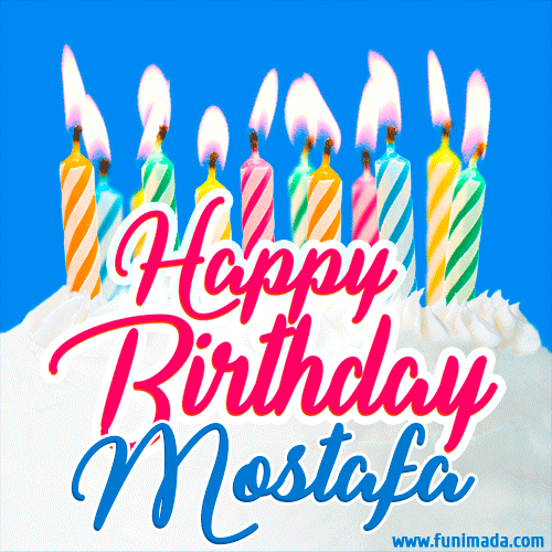 Happy Birthday GIF for Mostafa with Birthday Cake and Lit Candles