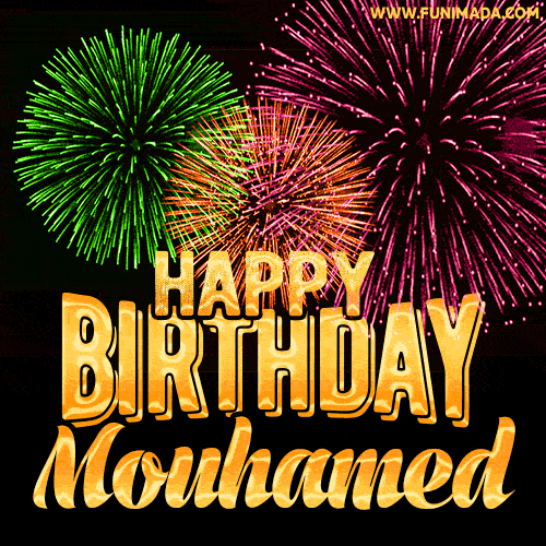 Wishing You A Happy Birthday, Mouhamed! Best fireworks GIF animated greeting card.