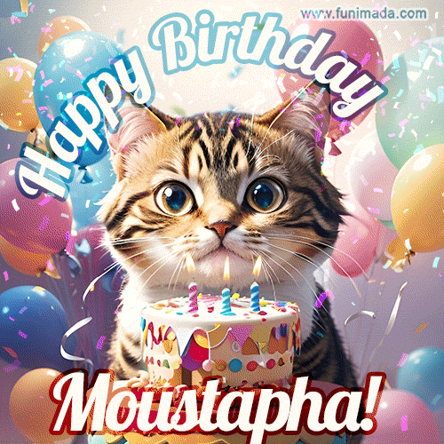 Happy birthday gif for Moustapha with cat and cake