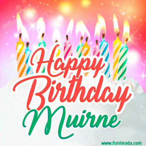 Happy Birthday GIF for Muirne with Birthday Cake and Lit Candles