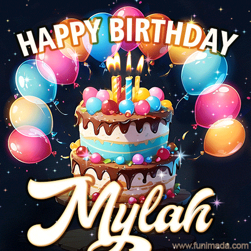 Hand-drawn happy birthday cake adorned with an arch of colorful balloons - name GIF for Mylah
