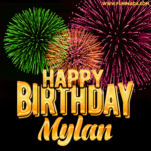 Wishing You A Happy Birthday, Mylan! Best fireworks GIF animated greeting card.